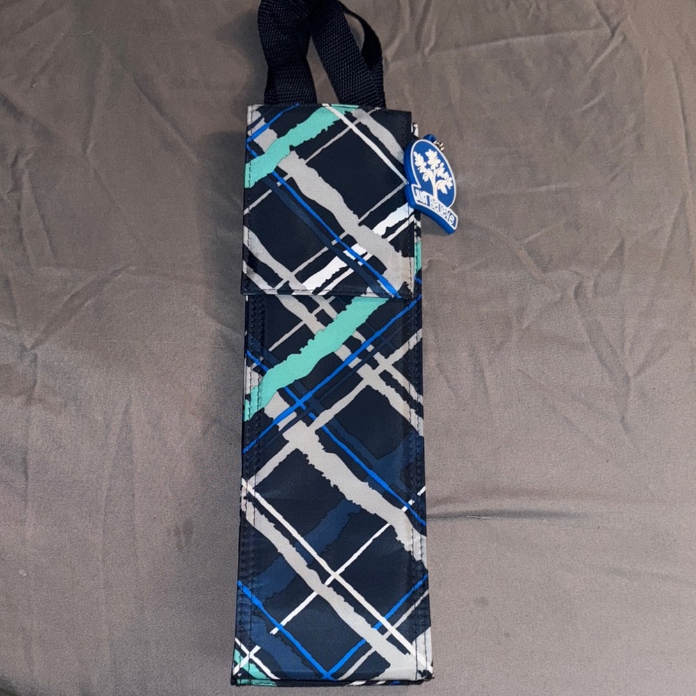 Thirty-One Plaid Insulated Wine Tote Perfect Bottle Thermal Navy Sea Plaid